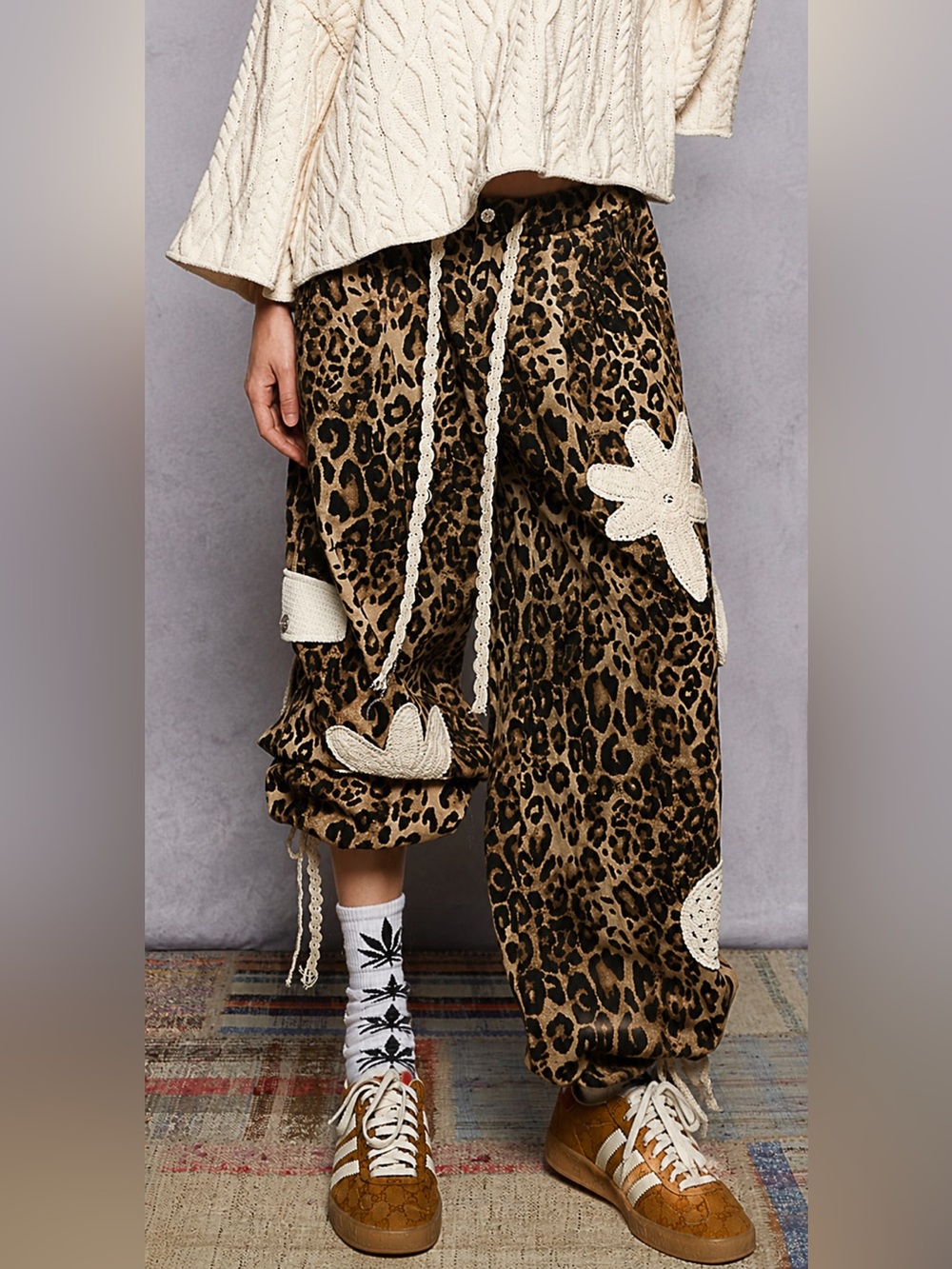 POL Leopard Print Track Pants with Crochet Appliqué - Brown & Cream